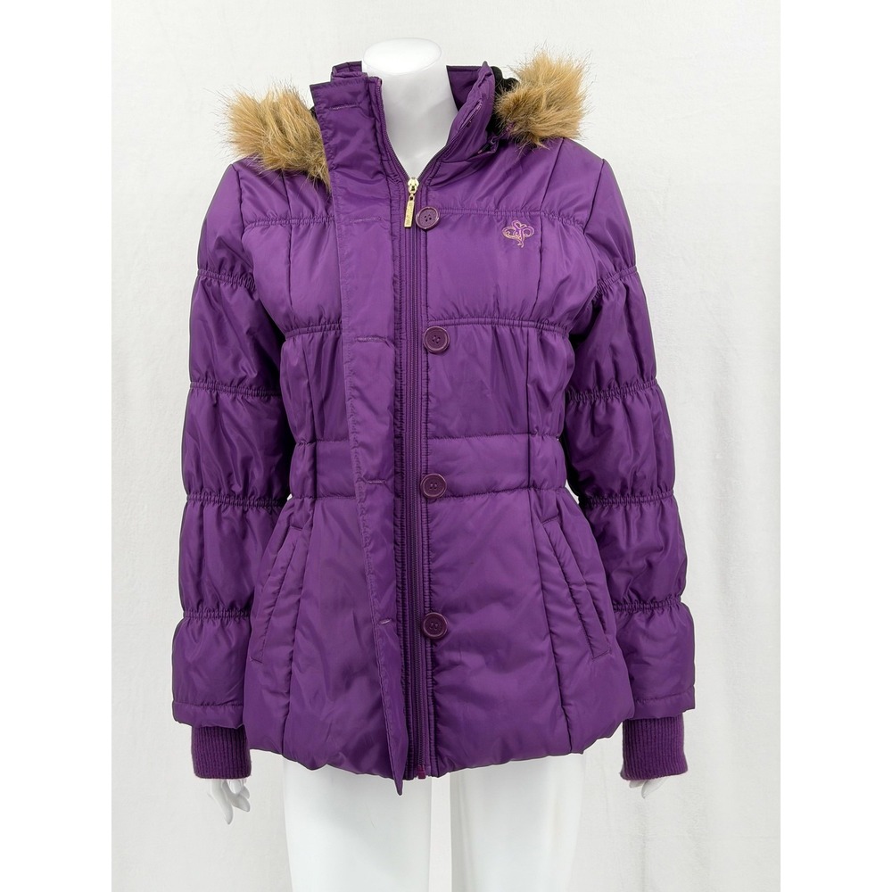 Southpole Jacket Women Medium Purple Hooded Puffer Faux Fur‎ Winter Y2k Quilted
